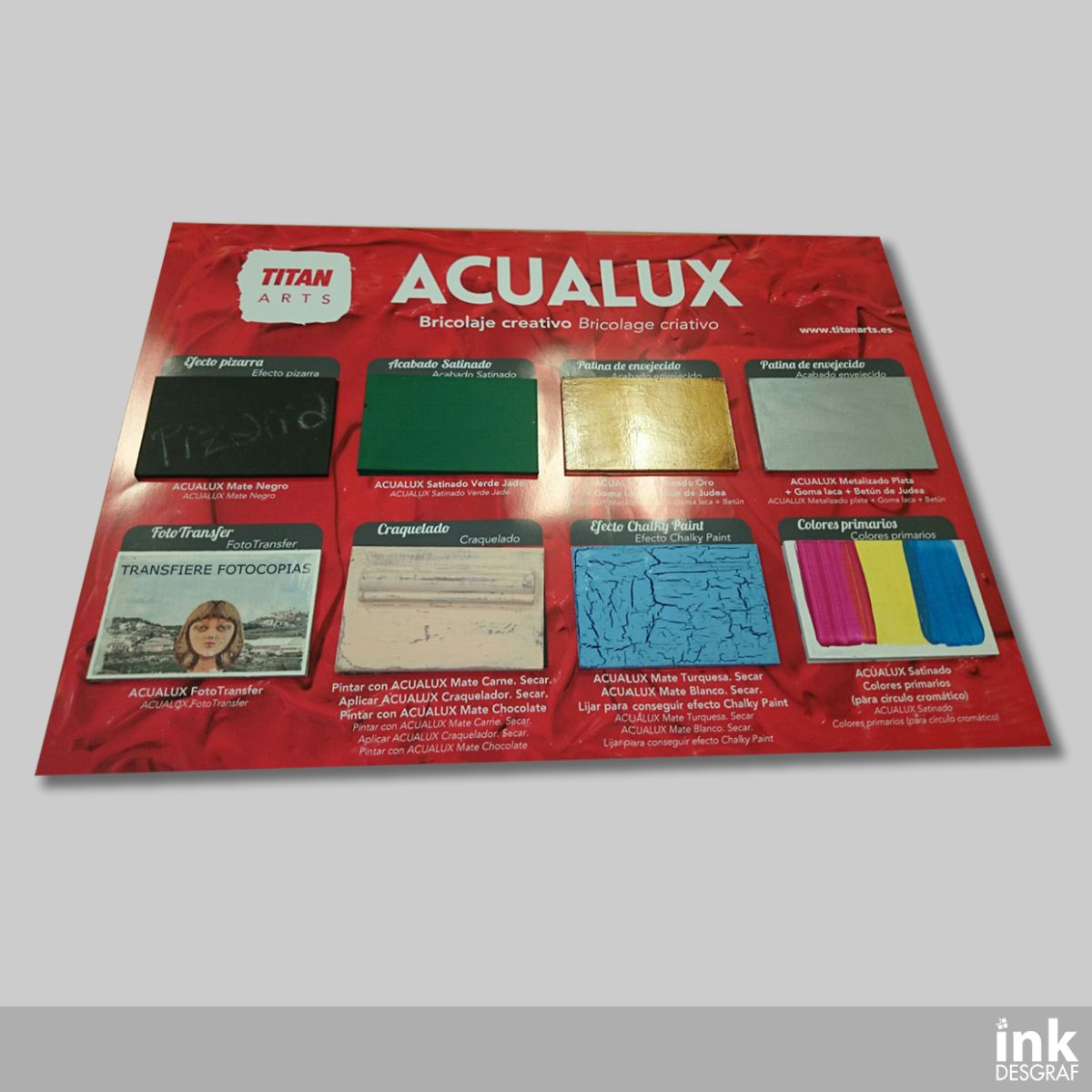 Cartela Acualux Impresa y Contracolada Con Aplicaciones Reales De Color Sobre Madera